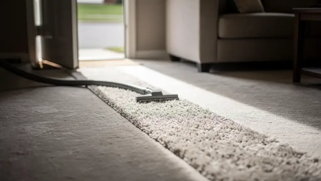A cleaned strip drawn through dull carpet pile, the cleaning wand at the head of the lane and the hose running back out through the front door